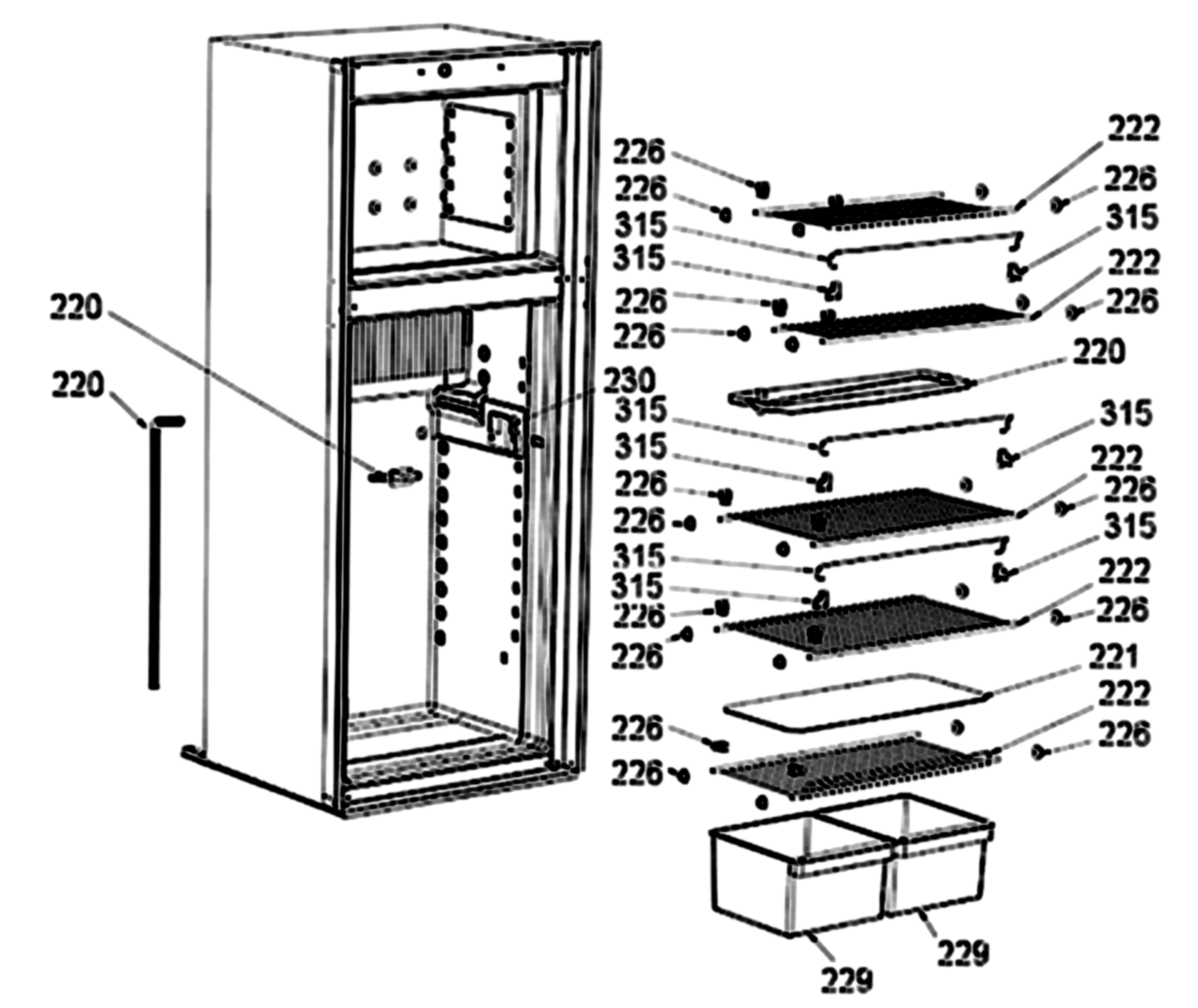 Dometic DM2882 Interior Shelves, Rails & Drain exploded parts diagram