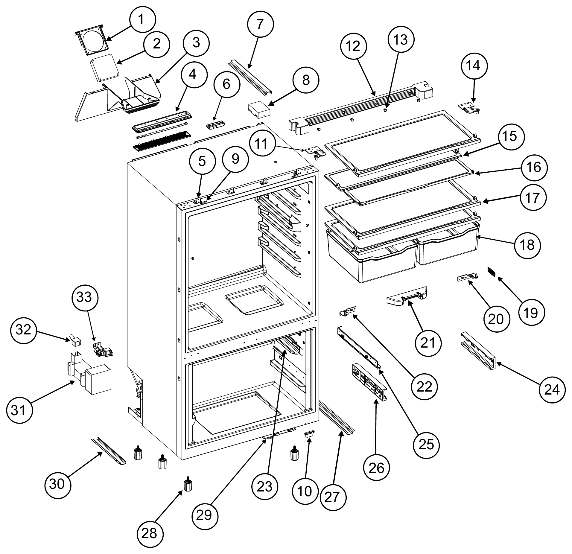 Norcold Cabinet, Controls & Shelves exploded parts diagram