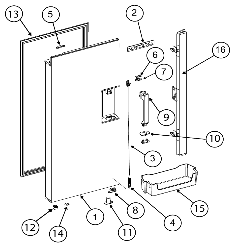 Norcold Upper Left Door exploded parts diagram