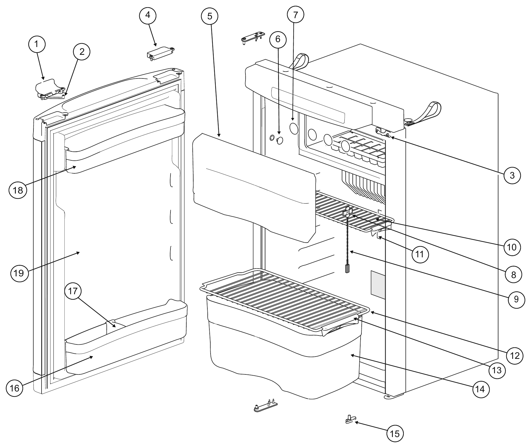 Norcold N4104 Cabinet, Door & Shelves exploded parts diagram