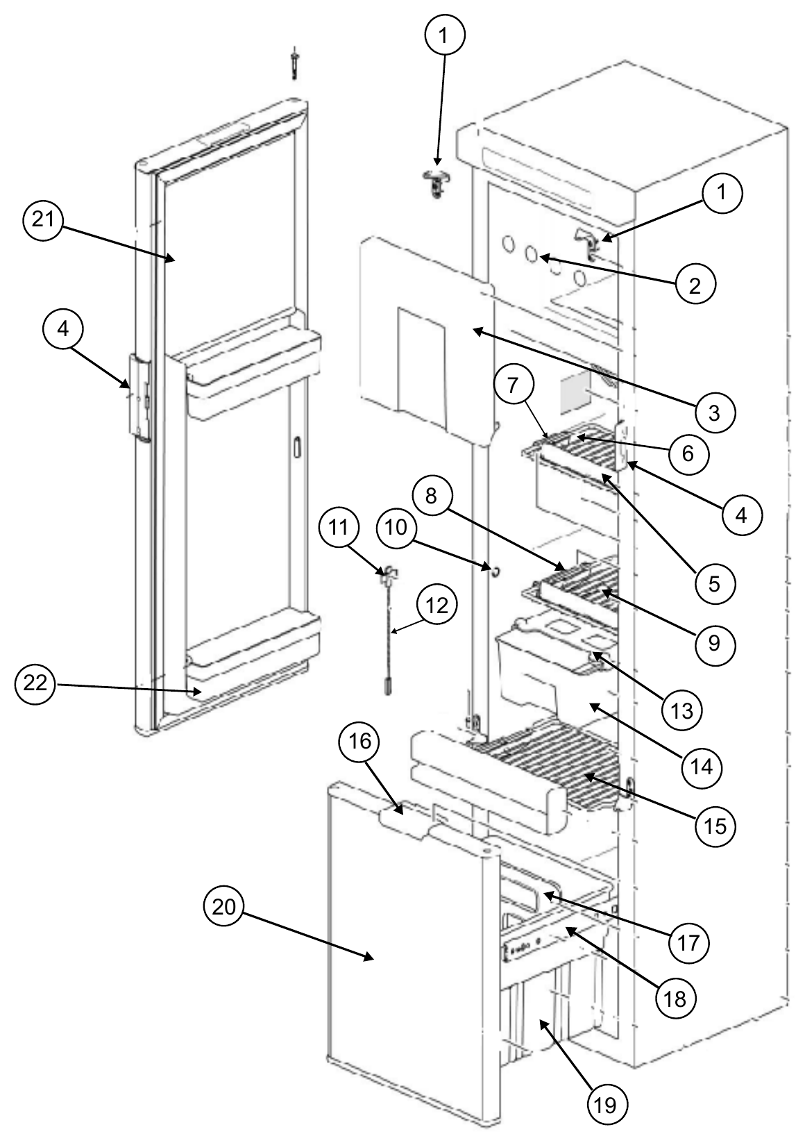 Norcold N4141 Cabinet, Doors & Shelves exploded parts diagram
