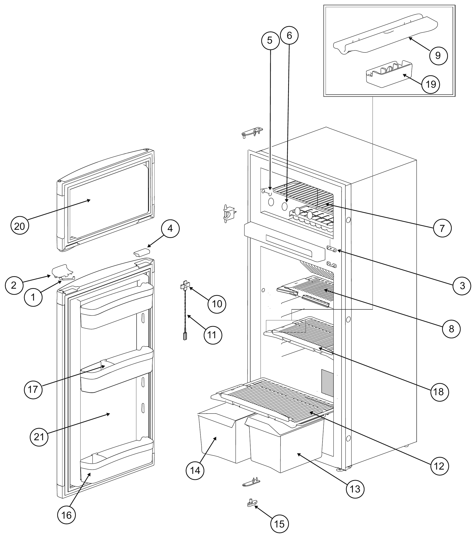 Norcold N4150 Cabinet, Door & Shelves exploded parts diagram