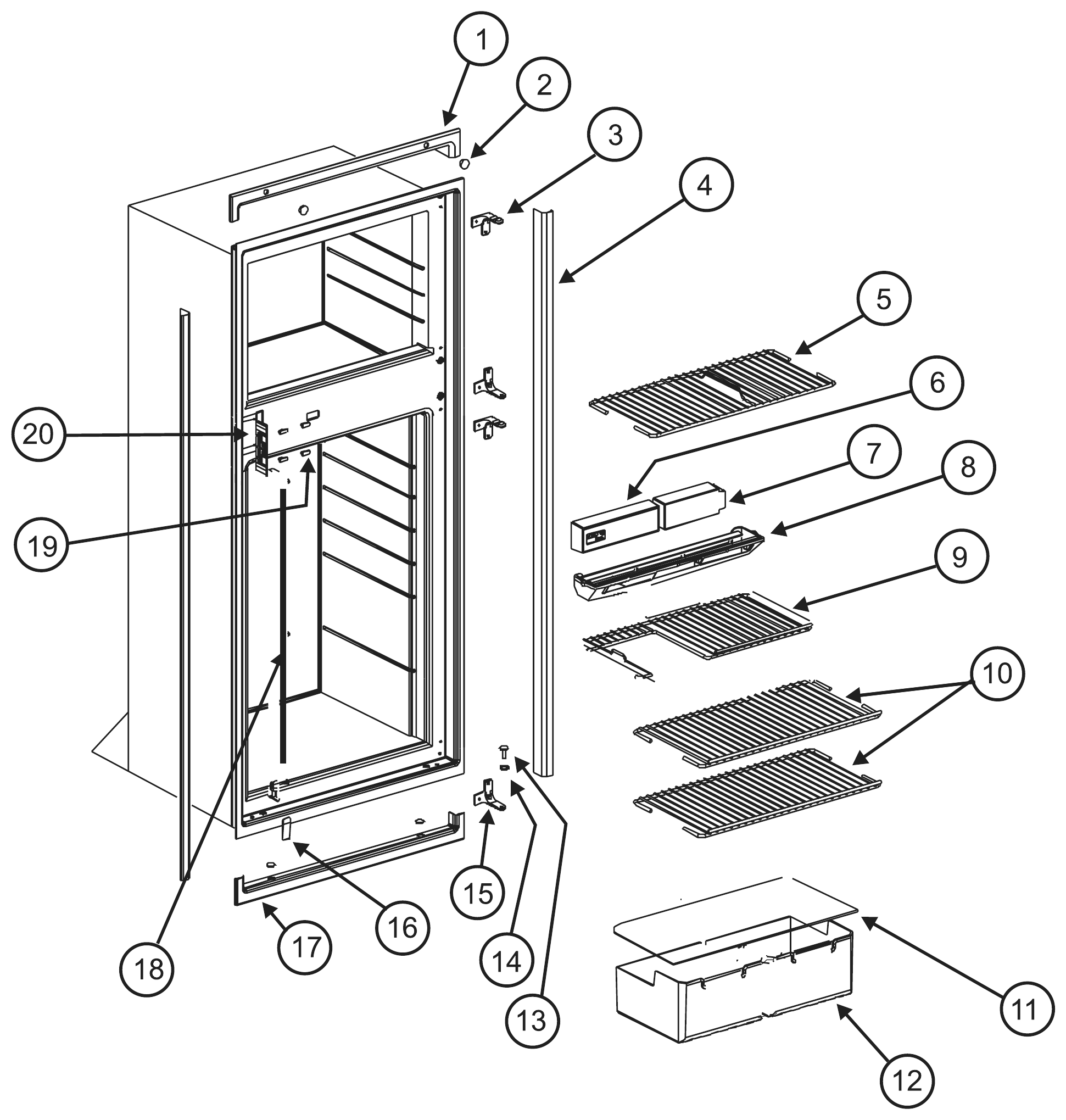 Norcold Cabinet (Front View) exploded parts diagram