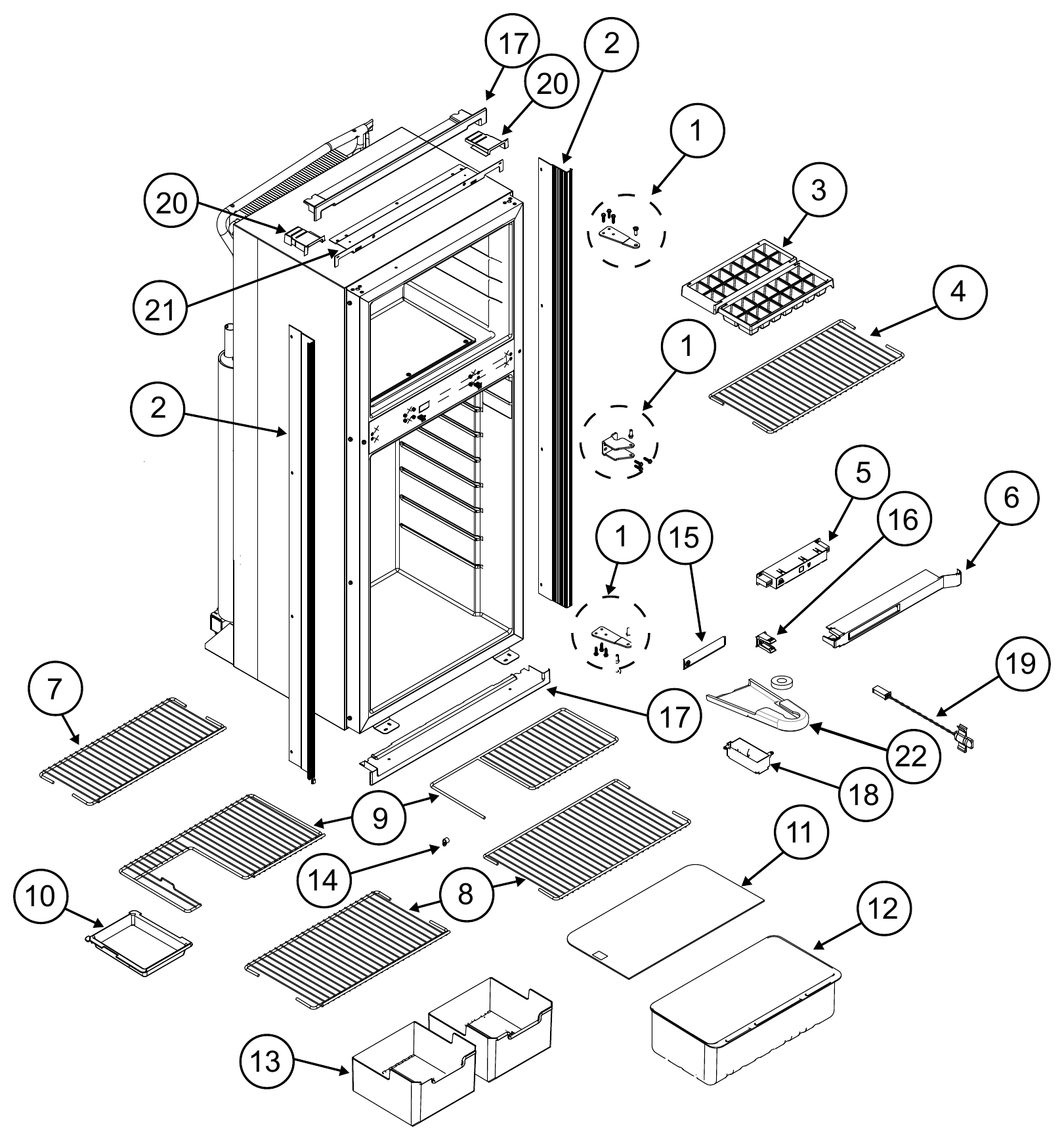 Norcold N7 and N8 Polar cabinet, shelves & interior exploded parts diagram